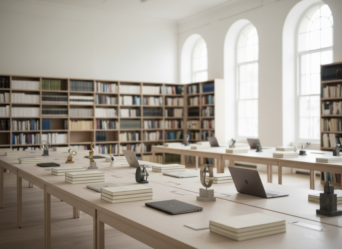 A panoramic, photographic view of a minimalist cultural-literary studio: long wooden tables in light ash arranged in a spacious, airy room, each table holding neatly stacked notebooks, closed laptops, and small, abstract sculptural objects that symbolize ideas instead of people. Floor-to-ceiling shelves along one wall display an array of books with spines in muted, harmonious colors, softly out of focus. Large windows flood the room with diffused daylight, producing soft, even illumination and barely-there shadows for maximum visual calm and readability. Captured from a slightly elevated, wide-angle perspective, the composition emphasizes openness, collaboration, and a sophisticated, modern environment ideal for foundational and creative writing workshops.