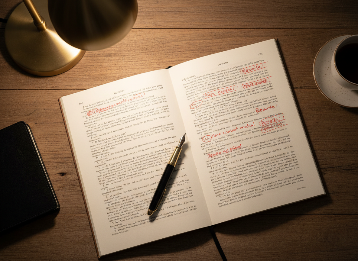 A sophisticated editorial review scene: an open manuscript on a wooden desk with handwritten notes in red ink, a fountain pen resting on the pages, soft warm light from a desk lamp, minimal and elegant composition, top-down flat lay perspective
